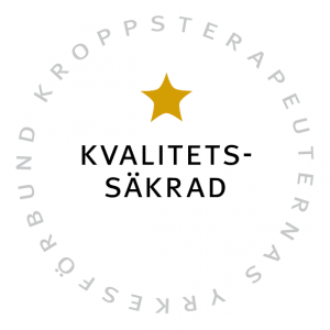 En cirkulär logotyp med vit bakgrund har en gyllene stjärna högst upp i mitten. Under stjärnan står orden "KVALITETS-SÄKRAD" i fet svart stil. Logotypens yttre ring innehåller orden "KROPPS TERAPEUTERNAS YRKESFÖRBUND" med stora grå bokstäver, jämnt fördelade runt cirkeln.